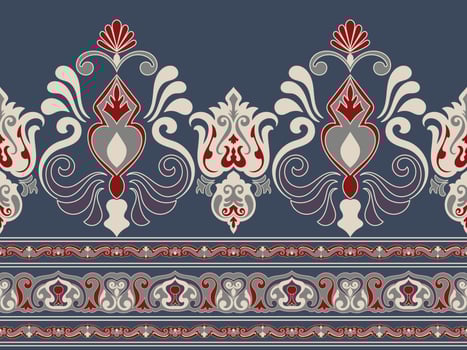 Damask pattern Ikat floral pattern on dark blue background. illustration of ethnic Ikat pattern. Aztec style. Hand drawn. Baroque embroidery. Design for texture, fabric, clothing, decoration vector
