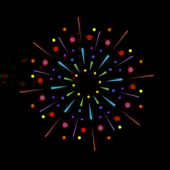 Vivid firework outbreak with radiant spark flare. Abstract explosion graphic with colorful sunburst rays. Shining banger design isolated on black background vector