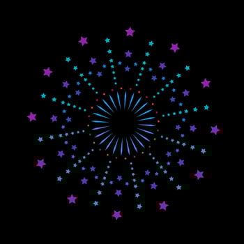 Colorful spark explosion with radiant light burst. Firework inspired flare outbreak showing shining sunrays. Abstract sunburst graphic on black background vector