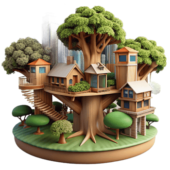 Enchanted Treetop Village Miniature Houses in a Lush Urban Oasis png