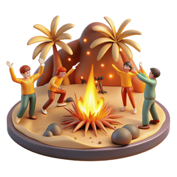 Nighttime Campfire Gathering Friends Enjoying Bonfire under Palm Trees png
