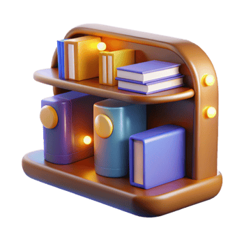 3D Render of Bookshelf with Books and Speakers png