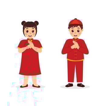 Chinese new year boy and girl in traditional clothes illustration vector