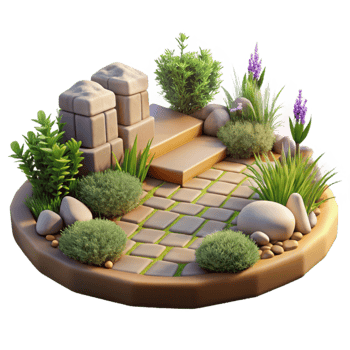 Miniature Garden Design Stone Steps, Greenery, and Cobblestone Path png