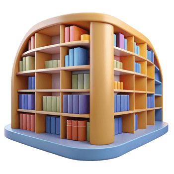 Curved Bookshelf Design Colorful Books and Shelving png