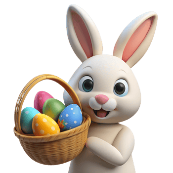 Cute cartoon Easter Bunny holding basket with colorful Easter eggs. Happy Easter holiday. 3d illustration isolated on the transparent background png