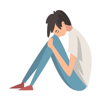 Depressed Boy Sitting on Floor Hugging His Knees, Stressed Teenager, Lonely, Anxious, Abused Boy Having Problems Illustration vector