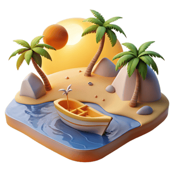 Tropical Island Getaway Boat, Palms, and Sunset png