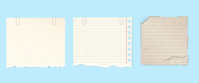set of retro grunge stickers for notes, scraps of paper on a paper clip vector