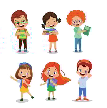 set of cartoon kids with books and glasses vector