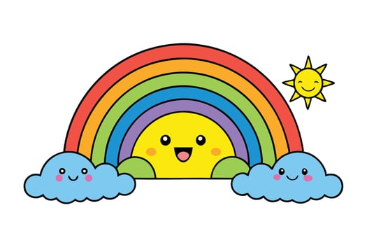 Adorable rainbow illustration featuring cute sun and clouds, ideal for childrens learning, fun art projects, and creativity vector