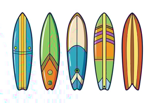Vibrant surfboards with artistic patterns, featuring a mix of tropical and summer vibes for decor, design, or educational purposes vector