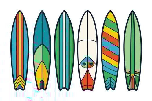 Set of uniquely designed surfboards with vibrant colors and patterns, ideal for summer, surf, and tropical themed illustrations vector