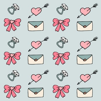 Valentine pattern in doodle style with ring,letters, bow and hearts vector