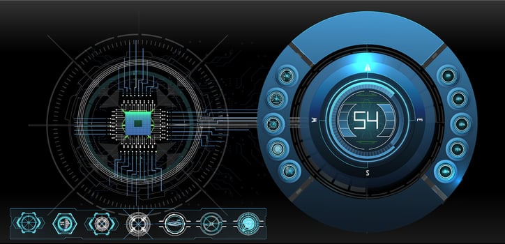 A detailed digital interface displays complex data metrics and visual elements. The design emphasizes a high-tech aesthetic with glowing graphics and interactive features. vector