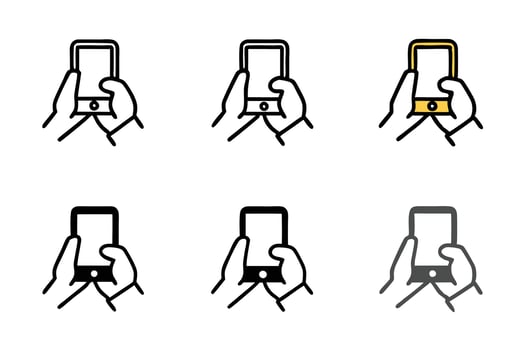 Minimalistic icon set depicting hands holding smartphones with diverse styles and variations, perfect for digital and tech concepts, line art icon set vector