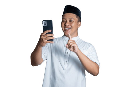 portrait of moslem Asian man shows shocked and surprised expression while holding phone. png