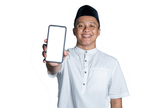 Portrait of Moslem Asian man smiling and showing smartphone blank screen. Moslem wearing white shirt and black cap png