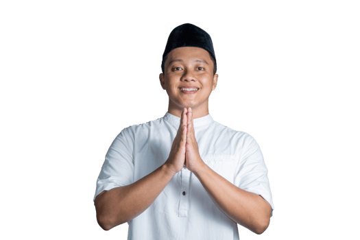 Muslim Asian guy smiling happy and shows Eid Mubarak greeting and welcoming Ramadan gesture png