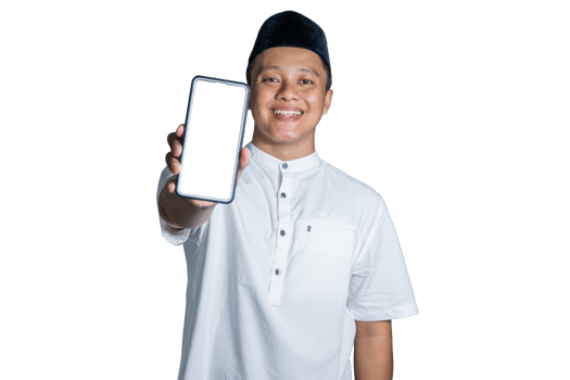 Portrait of Moslem Asian man smiling and showing smartphone blank screen. Moslem wearing white shirt and black cap. png