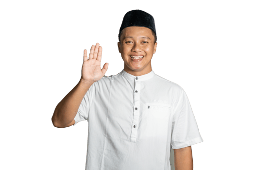 Muslim Asian man smiling happy and shows Eid Mubarak greeting and welcoming Ramadan hand gesture png