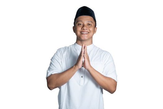 Young Muslim man smiling happy and shows Eid Mubarak greeting and welcoming Ramadan gesture. Concept of Muslim religious people png