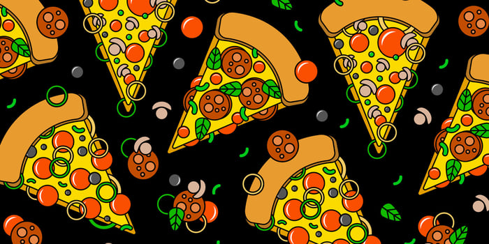 Pizza backdrop. Cartoon slice of pizza pattern on black background. vector