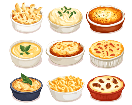 Collection of Nine Creamy and Cheesy Dishes in Bowls png