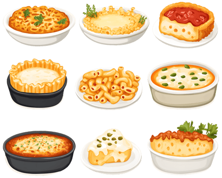 Nine Illustrations of Pasta Dishes in Various Styles png