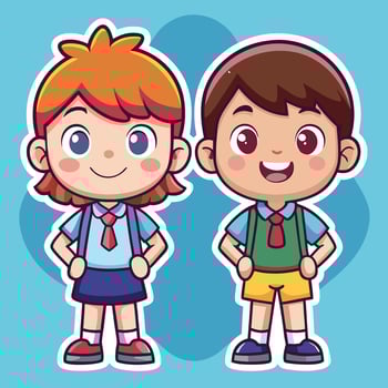 two cartoon school kids standing in front of a blue background vector
