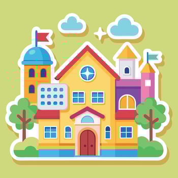 school building with a clock and a tree vector