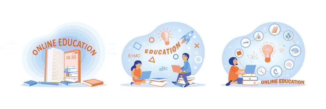 Online education concept with students and digital learning elements illustrated. vector