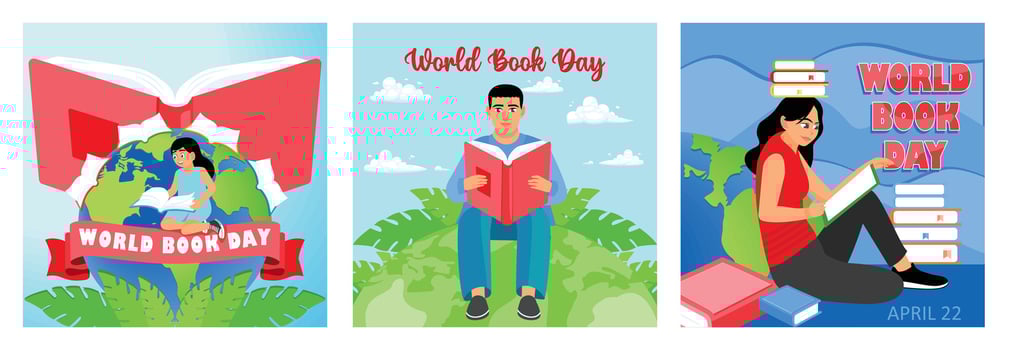 Illustration celebrating World Book Day with readers and colorful designs. vector