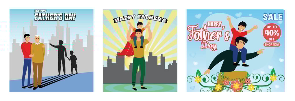 Generations and Family Bonding in Urban Setting. Dad in superhero costume holds son. Sale Poster Happy Father's Day with Family. Set flat modern illustration vector