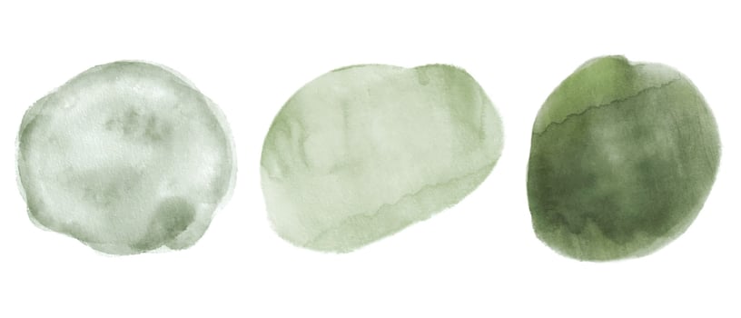 Set of green moss tone hand painted round shapes watercolor vector