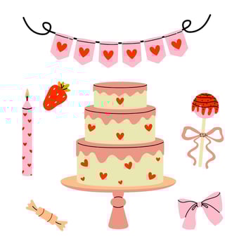 Decorated cake with hearts and festive elements for a celebration vector