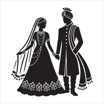 Indian Wedding Couple Silhouette Clipart of Bride and Groom in Shadi Mandap for Invitation Card Illustration vector
