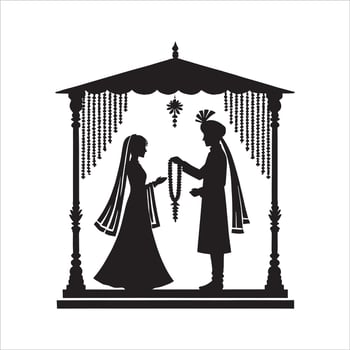 Free Silhouette Clipart of Wedding Couple with Bride and Groom in Shadi Mandap for Marriage Invitation Card Design vector