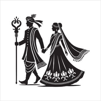 Wedding Couple Silhouette Clipart with Bride and Groom in Shadi Mandap for Invitation Card Free Illustration vector