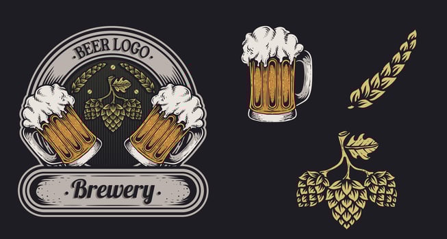 Isolated retro vintage Beer logo, illustration beer glass, emblem brewery design on dark background. vector