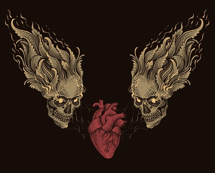 Illustration of burning skull head engraving ornament style with heart vector