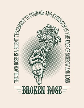 Illustration vintage skull hand holding black rose flower. vector