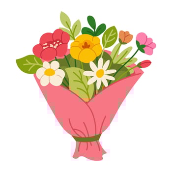 Bouquet of flat flowers on white background. Spring flowers in wrapper for Mother's Day or Women's Day. isolated composition vector