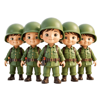 Cheerful Chibi 3D Army Figures in Playful Poses on Transparent Background png