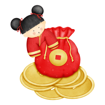 Chinese Girl and Red Bag on a Pile of Coins Illustration png
