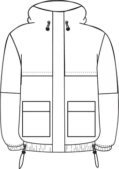 Long jacket technical drawing with zipper closure, tailored fit, and functional details flat vector