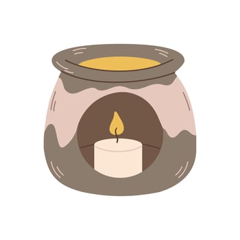 Cute illustration of burning candle in round candle holder. Aromatherapy, oil for aromalamp. Aromalamp. vector