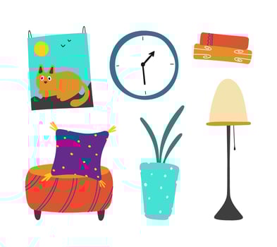 Living room interior objects set. Cute hand drawn doodle house furniture. Plant, pot, table, clock, lamp, sofa, picture. vector