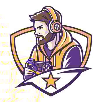 mascot icon retro retro gamer bearded man holding controller set inside shield crest on isolated background done vector