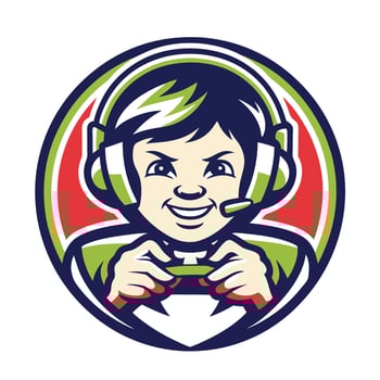 mascot icon illustration of a gamer boy playing game set inside circle on isolated background done vector